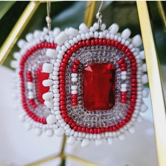 2/$27 | White + Red Beaded Bohemian Indigenous Native Hoop Earrings | Handmade - Picture 9 of 9